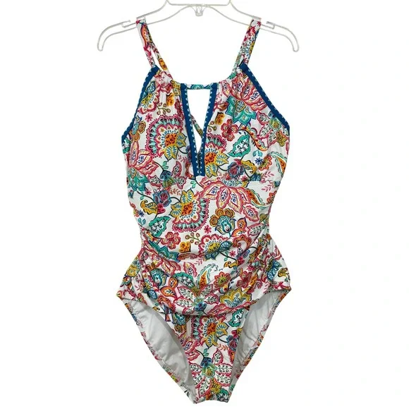 La Blanca Gypsy Soul High Neck Keyhole One Piece Swimsuit Multicolor Paisley 12 - Picture 2 of 9